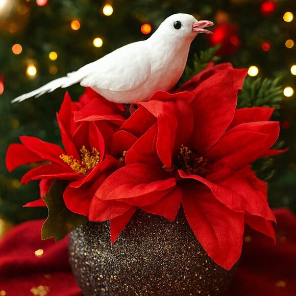 Small Christmas Vase with Poinsettias and a Bird - Picture 1 of 2